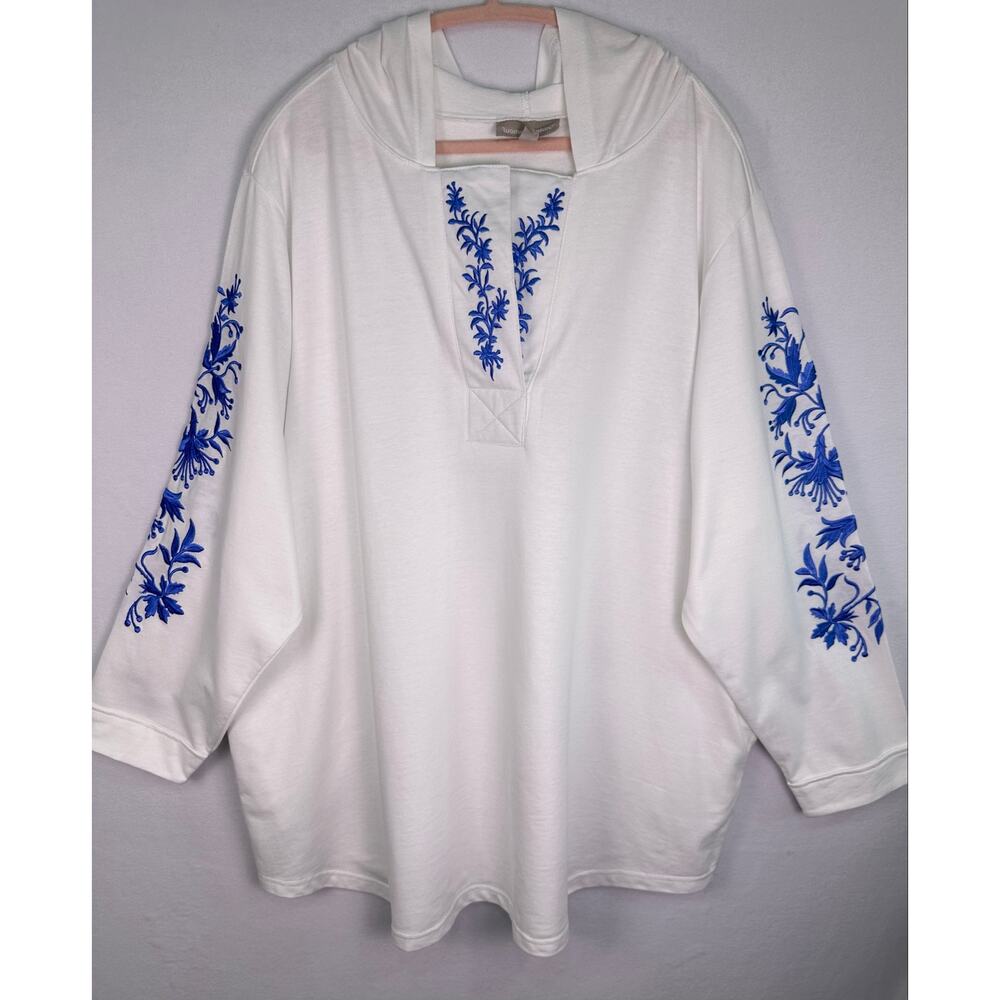 Woman Within White Embroidered Floral Hoodie Tunic 2X Blue Split Neck Sweatshirt - Picture 2 of 11